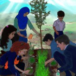 دانش آموزان ایرانی در حال کاشتن نهال در فضای سبز با کمک خانواده شان در دوردست منظره ای از جنگل و طبیعت زیبا دیده می شود