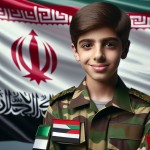 یک پسر ۱۳ ساله ایرانی کهوشغل اون یگان ویژه نظامی است و لباس همیم شغل را پوشیده و با لبخند به دوربین نگاه میکند و در پس زمینه تصویر مات پرچم ایران است تولید کن