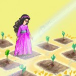 در پایین تصویر دختر ایرانی با لباس گل گلی در حال کاشتن نهال در فضای سبز و در بالای آن چند درخت که کمی بزرگ تر از نهال هستند باشند و کم کم درخت ها به سمت بالای تصویر تنومند تر و انبوه تر شوند