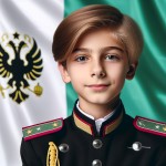 عکس یک پسر ۱۲ ساله که لباس یگان ویژه سپاهی ایران را پوشیده و به با لبخند به دوربین نگاه میکند و در پس زمینه تصویر مات پرچم ایران که سبز و سفید و قرمز هست تولید کن
