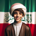 عکس یک پسر ۱۲ ساله ایرانی که لباس روحانیت ایرانی را پوشیده یعنی عمامه سفید بر سر دارد و عبای قهوه ای ساده پوشیده و با لبخند به دوربین نگاه میکند و در پس زمینه تصویر مات پرچم ایران است تولید کن