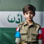عکس یک پسر ۱۲ ساله که لباس ارتشی ایران را پوشیده و به  دوربین نگاه میکند و در پس زمینه تصویر مات پرچم ایران هست تولید کن
