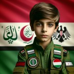 عکس یک پسر ۱۲ ساله که لباس یگان ویژه سپاهی ایران را پوشیده و به  دوربین نگاه میکند و در پس زمینه تصویر مات پرچم ایران هست تولید کن
