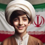 یک پسر ۱۲ ساله ایرانی که لباس روحانیت ایرانی پوشیده یعنی عمامه سفید و عبای قهوه ای ساده پوشیده و با لبخند به دوربین نگاه میکند و در پس زمینه تصویر مات پرچم ایران هست تولید کن