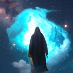A majestic and spiritual Muslim figure wearing a flowing robe and hooded cloak, viewed from behind, standing in front of a glowing celestial portal surrounded by stars and nebulae, symbolizing divine guidance and hope, Islamic mystical atmosphere, respectful representation, no facial features shown, high detail, soft ethereal lighting, 4K