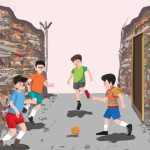 چند کودک 10 ساله در حال فوتبال بازی کردن در کوچه خاکی