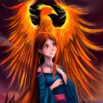 تصویر اساطیری از یک دختر در مقابل ققنوس