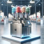 An industrial machine for producing Alaska ice cream with a shiny steel body and transparent tanks filled with flavored ice in blue, red, and green colors in a clean industrial or exhibition environment. The machine features a digital display and sturdy output nozzles. Professional lighting in the background suitable for industrial advertising or sales catalogs, designed to be hygienic and durable with an appropriate space for commercialization.