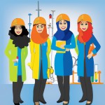 چهار زن ایرانی متخصص در کنار هم ایستاده‌اند. هرکدام نمایندهٔ یک حرفه هستند: مهندس با لباس نارنجی و کلاه ایمنی زرد روی شانه، دانشمند با روپوش آزمایشگاهی آبی و لوله‌آزمایش حاوی محلول