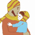 تصویرسازی کودک چهار ساله با چادر که سر پدرش را به بغل گرفته.تصویسازی ابرنگی
