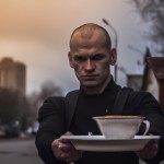 تصویر مردی با لباس سیاه و چهره ای غم آلود که سینی چای به دست دارد و در خیابان است