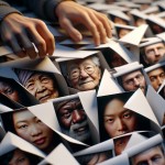 Close-up of handwritten letters opening. Diverse faces of people—old, young, workers, artists.