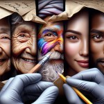 Close-up of handwritten letters opening. Diverse faces of people—old, young, workers, artists.