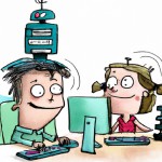 دختر و پسری در حال کار کردن با هوش مصنوعی و کامپیوتر هستند