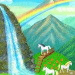 کوهای بلند و سر سبز آبشار بلند ابرهای پفکی 4 اسب سفید گل های رنگارنگ رنگین کمان رودخانه کلبه چوبی پل سنگی