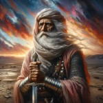 An emotionally powerful and highly realistic painting of Anas ibn Harith al-Kahili, an elderly and noble companion of the Prophet Muhammad (PBUH) and martyr of Karbala, standing on the battlefield. He has a long white beard and wears traditional Arabic armor. Despite his advanced age, he holds a sword with power and dignity. The desert wind blows through his robes and the sky is filled with the red colors of the sunset. His facial expression is a combination of sadness, faith, and readiness for