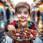 یک دختربچه در مسیر اربعین در عراق در حال تعارف سینی شکلات.