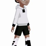 Minecraft boy with all white sports clothes with black hair and brown eyes with a white face and black sports pants with two black stripes on his legs and white shoes and white socks