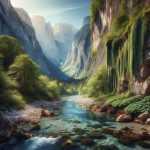 یک رودخانه در حال عبور از  دره یک کوهستان