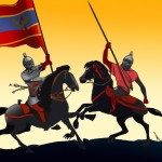 لشکر ساسانیان در حال نبرد با سربازان رومی در یک جنگ هولناک. فرمانده سپاه ساسانی بر روی اسب در حال جنگیدن است و پرچم درفش کاویان در میانه جنگ به دست یک سرباز ساسانی افراشته شده است .