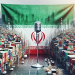 تصویر یک میکروفن بزرگ به رنگ پرچم ایران که در پس زمینه آن پرچم ایران در شهر ملایر قرار گرفته