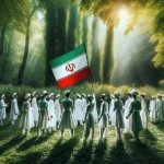 تصویر یک گروه سرود پسران ایرانی با لباس سفید در پارک که هر کدام یک پرچم ایران در دستش دارد