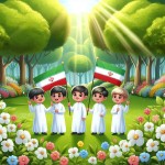 تصویر یک گروه سرود پسران ایرانی با لباس سفید در پارک که هر کدام یک پرچم ایران در دستش دارد