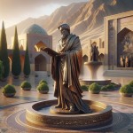 A realistic bronze statue of Hafez Shirazi in the center of a traditional plaza in Shiraz, Iran. Hafez holds a scroll, wearing flowing Persian robes, with poetic expression on his face. The pedestal is adorned with Persian calligraphy and surrounded by a circular fountain with mosaic tiles. Cypress trees, old Shirazi buildings, and Zagros mountains in the background. Golden hour lighting, cinematic atmosphere, ultra-detailed, 8K, realistic style.