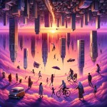 A surreal and imaginary image of a modern city where buildings, cars, and people are inverted and suspended in the sky, with a sunset background in purple and orange colors. Style: hyperrealism, high detail, 8k. Ensure the image is square for Instagram profile. Leave a clear, prominent space for text at the bottom center or top center of the image, suitable for an Instagram ID. (Flux-schnell)