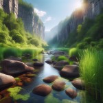 A serene river landscape flowing through a deep valley with large smooth boulders scattered throughout the clear, gently moving water. The riverbanks are lush with dense green foliage and tall grasses, contrasting with the rocky terrain. Towering cliffs rise steeply on both sides of the river, covered in patches of greenery and casting soft shadows. The sky above is clear and bright blue, with soft natural daylight illuminating the scene, enhancing the vibrant greens and the subtle earthy tones