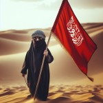 تصویر یک کودک که یک پرچم قرمز بزرگ در دست دارد و درحال پیاده روی در یک مسیر کویر است برای مراسم اربعین