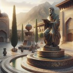 A realistic bronze statue of Hafez Shirazi in the center of a traditional plaza in Shiraz, Iran. Hafez holds a scroll, wearing flowing Persian robes, with poetic expression on his face. The pedestal is adorned with Persian calligraphy and surrounded by a circular fountain with mosaic tiles. Cypress trees, old Shirazi buildings, and Zagros mountains in the background. Golden hour lighting, cinematic atmosphere, ultra-detailed, 8K, realistic style