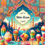 تصویر هدر برای سایت بستنی‌فروشی شیرین‌کام طراحی کن. رنگارنگ، شاد، با بستنی‌های متنوع و لوگوی فارسی.