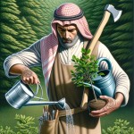 انسانی که دارد به درختچه ای آب می‌دهد درحالی که تبر هم در دست دارد