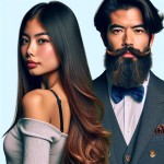 عکس از زاویه ی رو به رو از دختری زیبا با موهای زیبا و باز روی شانه ی یک مرد با ریش پروفوسوری تکیه داده است
