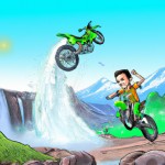 سلام یک پسر در حال پرش با موتور کراس kxf250  که پشتش ویو ابشار و کوه دماوند است را برام با کیفیت بساز کارتونی باشه کاراکترش اگر شبیه  هری پاتر باشه در کنارش رستم سوار بر ققنوس را هم برام بزار که در حال   پرواز است