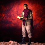 یک عکس قدی از یک سرباز مرد فلسطینی که چفیه قرمز پوشیده بساز که در دستش قرآن باشد و به آن نگاه کند، عکس حماسی باشد و در خرابه های جنگی