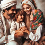 خانواده روحانی 4 نفر پدر معمم (عمامه سفید) مادر چادر گل دار + پسر بچه با موی زرد + دختر با روسری رنگی + شاد باشند