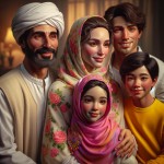خانواده آرام  پدر روحانی عمامه سفید  مادر باچادر گل گلی دختر باروسری صورتی  پسر با لبا س زرد