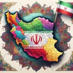 نقشه ایران با استان ها با رنگ های شاد و دور نقشه ایران با حاشیه پرچم ایران که به نقشه چسبیده باشد