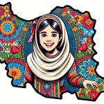 قومیت های ایرانی دختر با لبخند داخل نقشه ایران با لبای محلی و رنگ های شاد وکتور