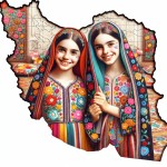 قومیت های ایرانی دختر با لبخند داخل نقشه ایران با لباس محلی و رنگ های شاد وکتور