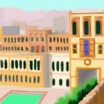 عکس کارتونی مدرسه متوسطه اول پسرانه ایرانی با معماری سنتی ایرانی