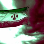 پرچم ایران که با نگاتیوهای فیلم ساخته شده است در یک بکگراند آسمان ابری