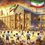 عکس کارتونی حیاط مدرسه پسرانه با دانش آموزان با معماری قدیم و پرچم ملی ایران و نشان های ایرانی
