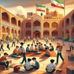 عکس کارتونی حیاط مدرسه پسرانه با دانش آموزان و پرچم ملی ایران و اساطیر ایرانی