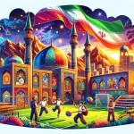 عکس کارتونی حیاط مدرسه پسرانه با دانش آموزان و پرچم ملی ایران و اساطیر ایرانی و ساختمان یک طبقه و کوه ها