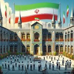 عکس کارتونی حیاط مدرسه پسرانه با دانش آموزان با معماری  قدیم و پرچم ملی ایران و نشان های ایرانی