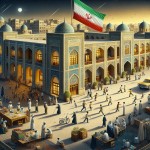 عکس کارتونی حیاط مدرسه پسرانه با دانش آموزان با معماری قدیم و پرچم ملی ایران و اساطیرایرانی