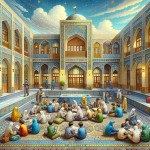عکس کارتونی حیاط مدرسه پسرانه متوسطه اول با دانش آموزان با معماری ایرانی و نشان های ملی ایران